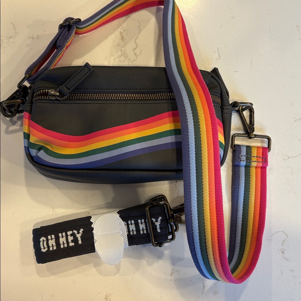 Stylish Black Crossbody Bag with Rainbow Strap - Picture 3 of 3